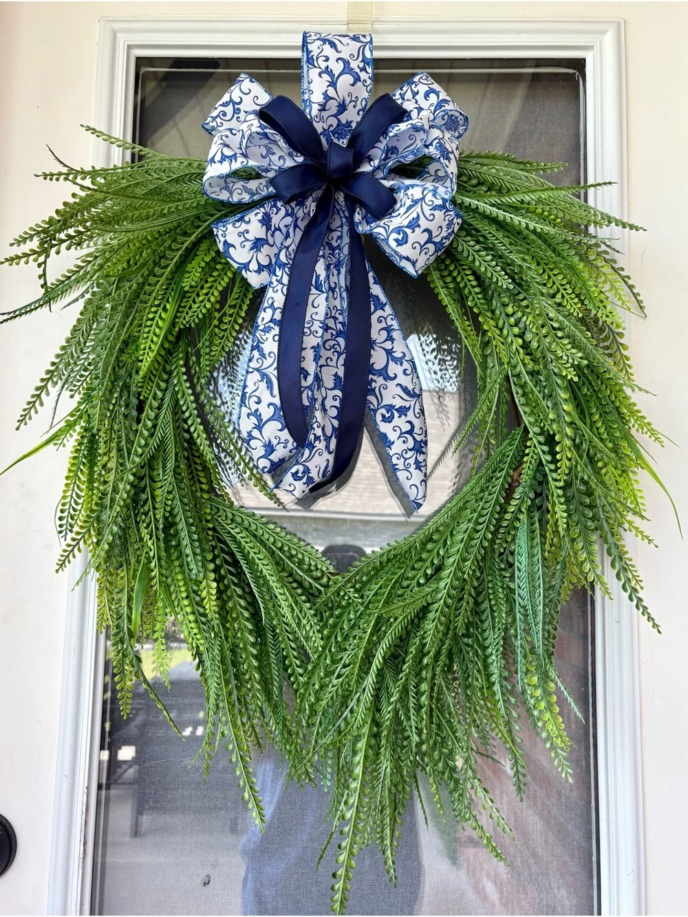 Handmade Bead Grass Wreath with Blue Floral Bow Home Decor